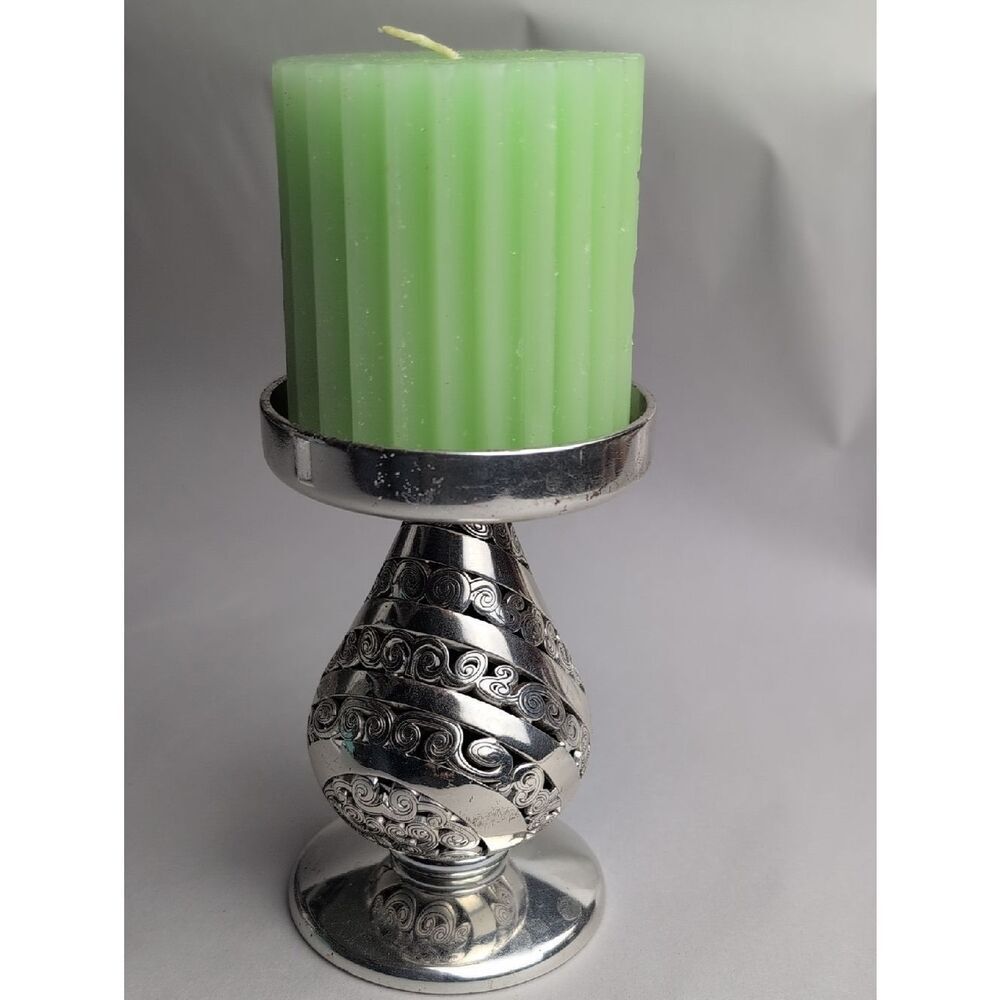 Vintage Brighton Silver Plate Hollowware Pillar Candle Holder Scroll Detail